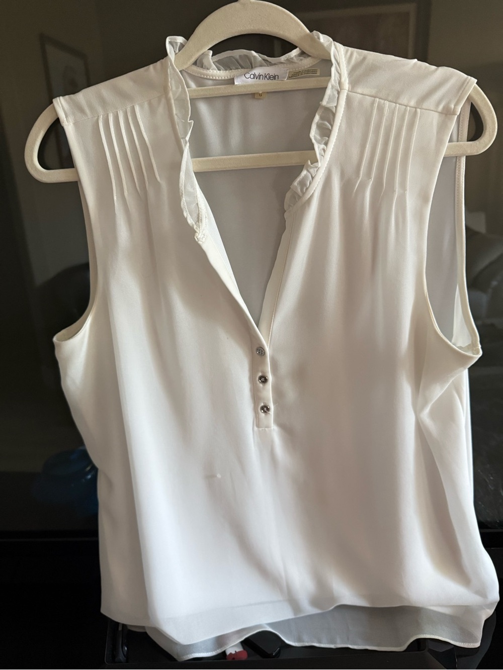 Calvin Klein Ivory Sleeveless Ruffle V-Neck Blouse